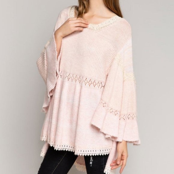 Pink Flutter Bell Sleeve Lace Boho Tunic Sweater - Picture 8 of 9